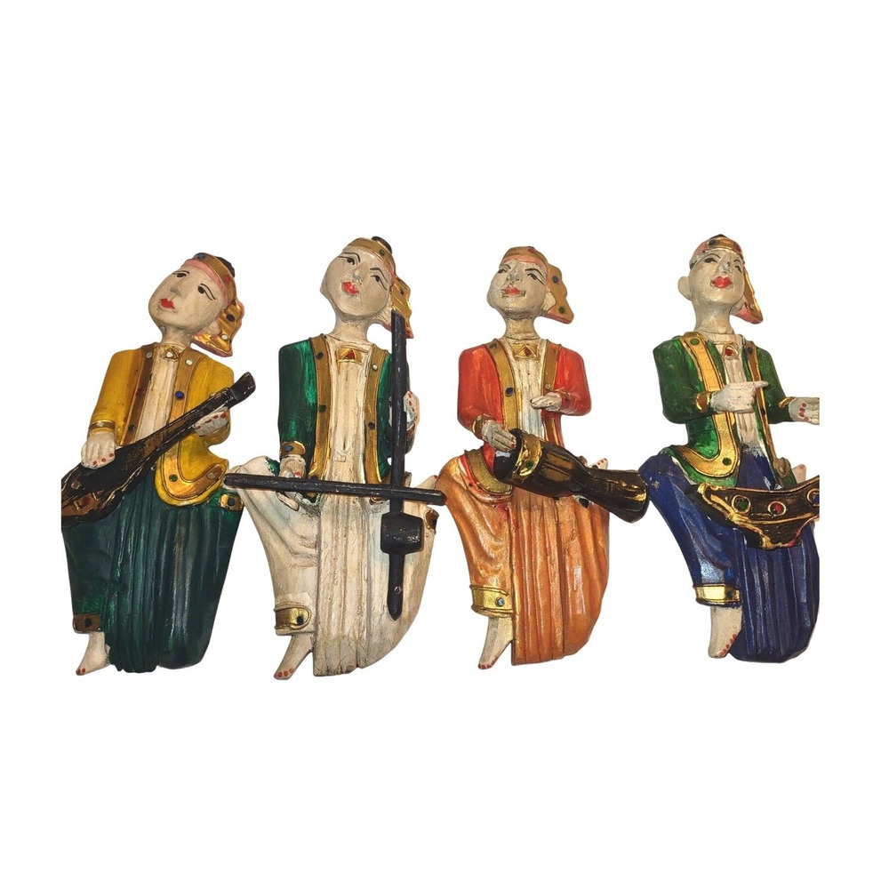 Vintage Hard Covered Wooden Musicians Wall Hanger Figurine Set of 4 Thailand 10"